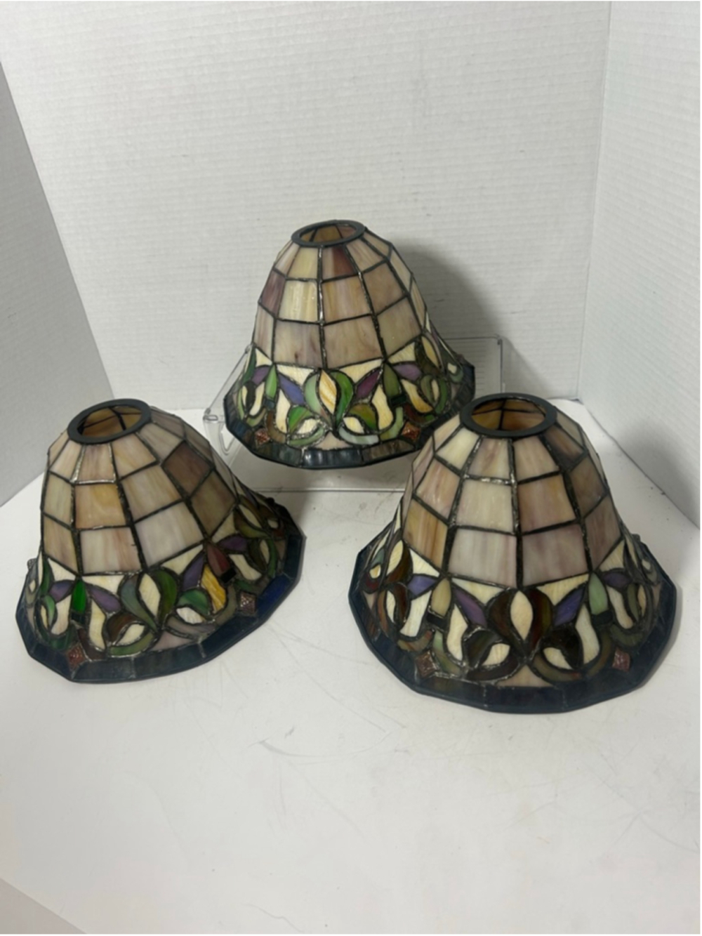 Vintage Tiffany Style Marble Slag Stained Glass Lamp Shades Set 3 Floral Retro